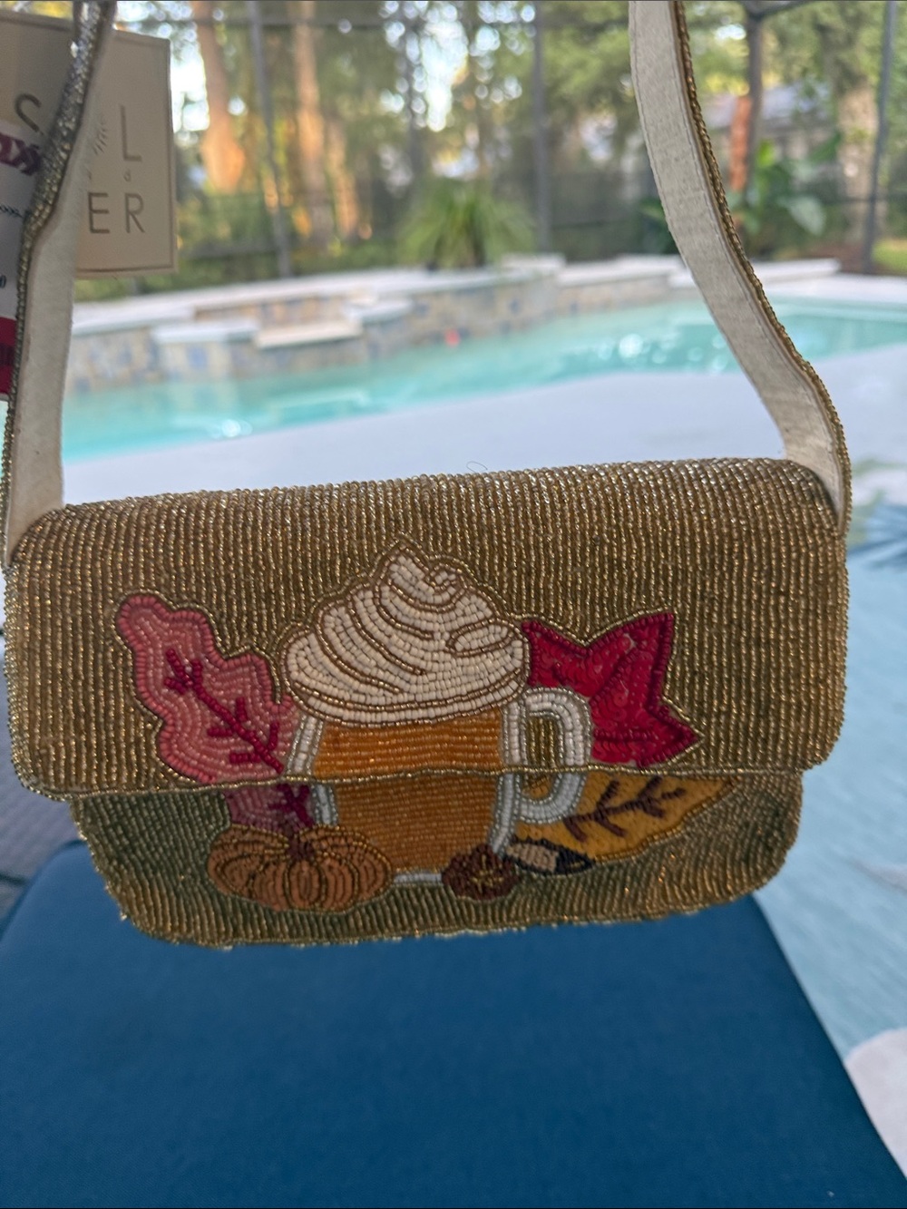 Gold Beaded Mini Crossbody Bag with Autumn Mug Embroidery